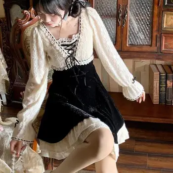 2023 Весна-осень, французское винтажное мини-платье, женское кружевное короткое платье для вечеринки, одежда Lolita Kawaii, Элегантное цельнокроеное платье DD487