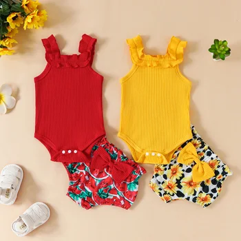 Комплекты одежды для новорожденных девочек ma & baby 0-12 м, Трикотажный комбинезон с рюшами, Шорты с цветочным принтом в виде Арбуза и банта, Летний наряд d06