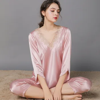 Сексуальная летняя женская пижама с V-образным вырезом, кружевные интимные пижамные комплекты из 2 предметов, Новая свободная пижама из ледяного шелка, домашняя одежда для интимного комфорта